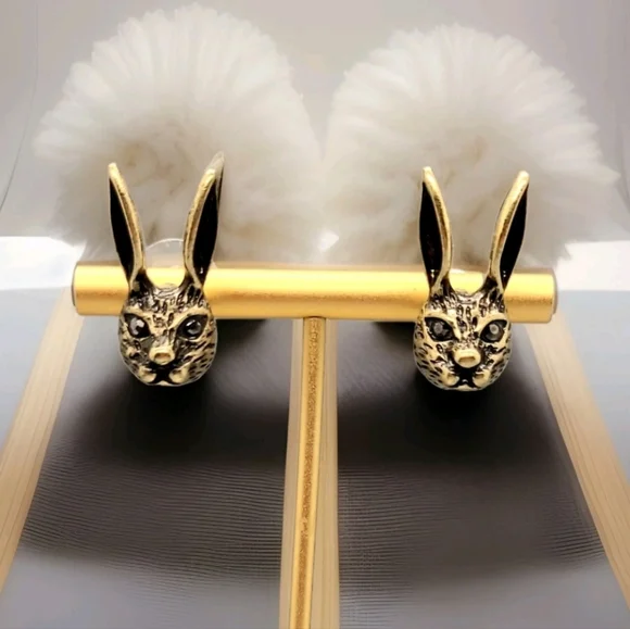 Vintage Estate Bunny Rabbit Crystal Stud Gold Earrings - Picture 2 of 16